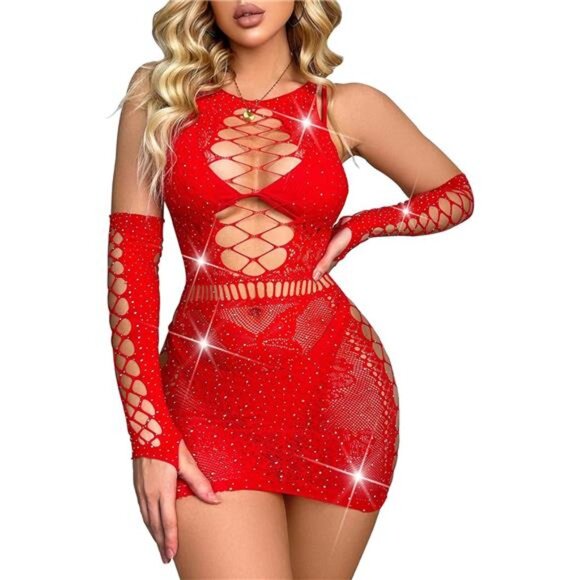 Naughty Rhinestone Sparkle Fishnet Lingerie Set Teddy